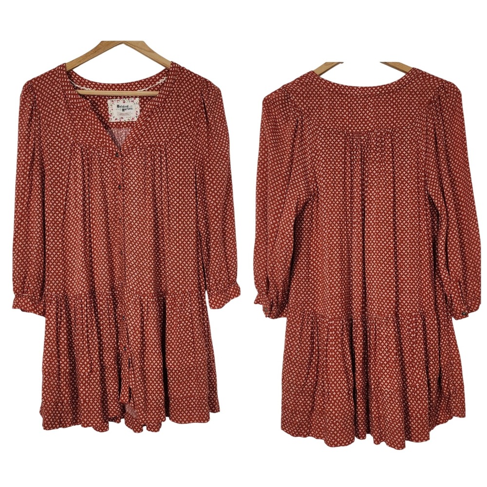Holding Horses Country‎ Boho Tiered Babydoll tunic XS Rust Floral Button Front